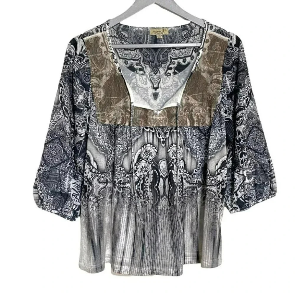 One World Paisley Boho Blouse XL Black White Brown Boho 3/4 Bell Sleeve Tie